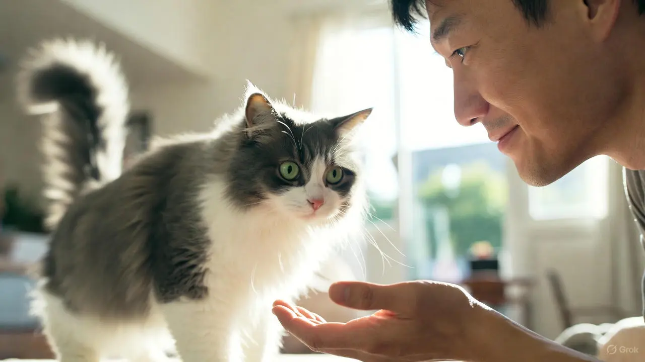 Happy Cat Signs: A feline with slow blinking eyes and a relaxed posture, demonstrating clear happy cat signs.