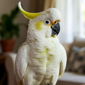 White cockatoo with yellow crest standing indoors, close-up portrait of a pet cockatoo with bright feathers.