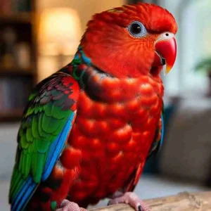 Bright red and green Eclectus Parrot sitting indoors – colorful large pet parrot species