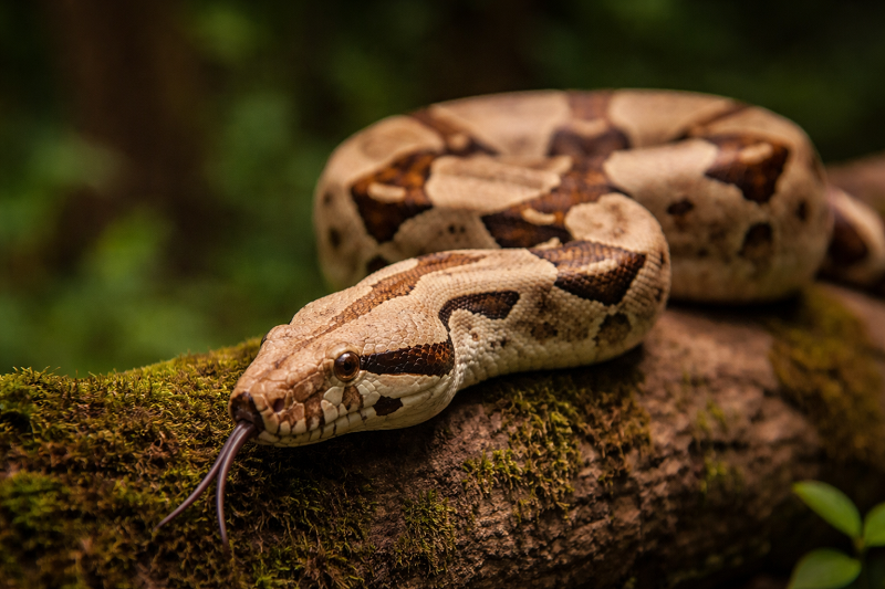 Boa constrictor snake lying on a moss-covered log in the forest