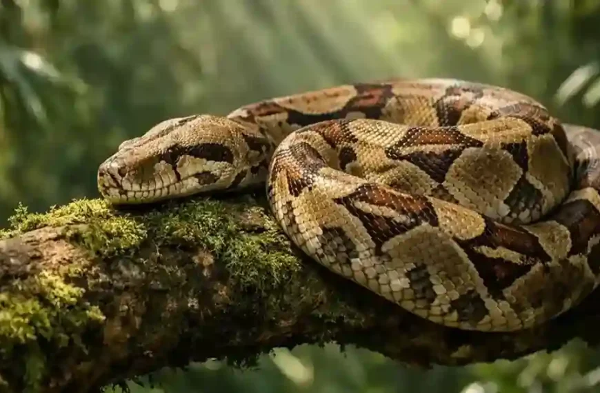 Boa constrictor snake resting on a tree branch in a tropical rainforest