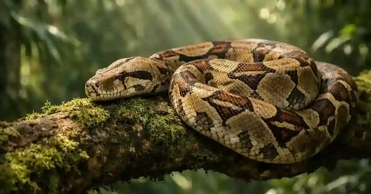 Boa constrictor snake resting on a tree branch in a tropical rainforest