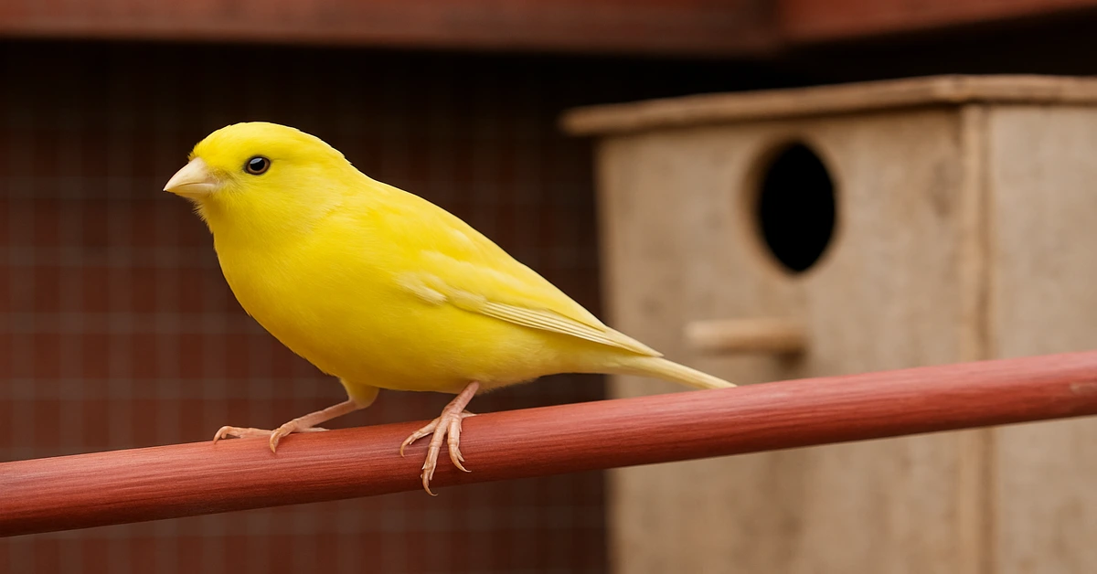 A yellow canary bird sitting on a perch inside a clean cage, Canary Bird Care