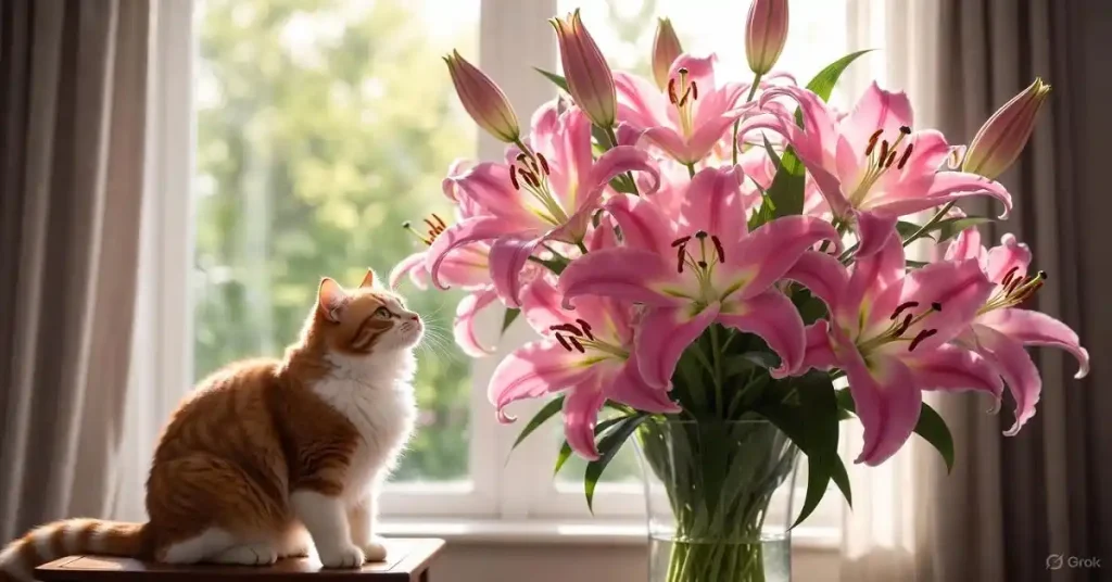Cat affected by lily toxicity showing symptoms with veterinary care