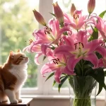 Cat affected by lily toxicity showing symptoms with veterinary care