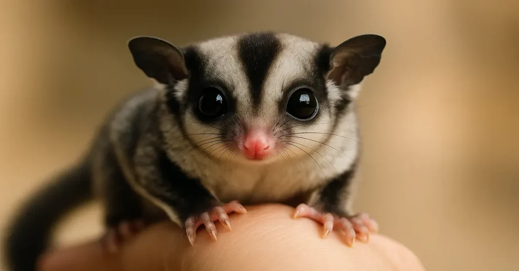 Sugar glider sitting on a branch, showing its patagium and large eyes.Sugar Glider Care.