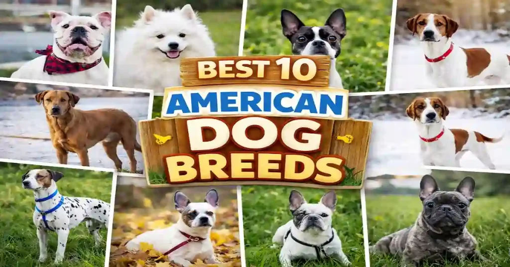 American dog breeds collage featuring popular dogs developed in the United States, including working, sporting, and companion breeds