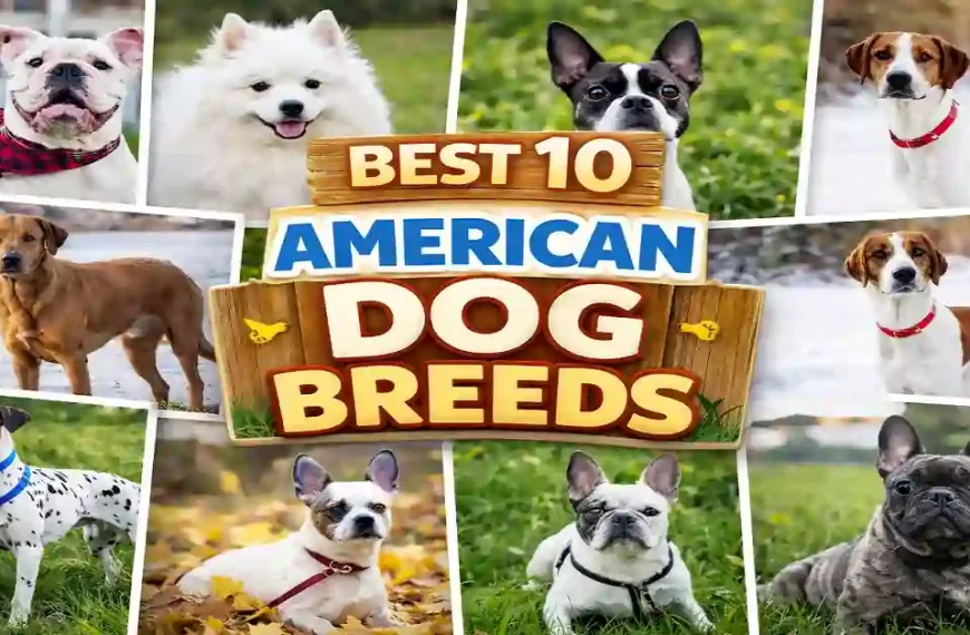 American dog breeds collage featuring popular dogs developed in the United States, including working, sporting, and companion breeds