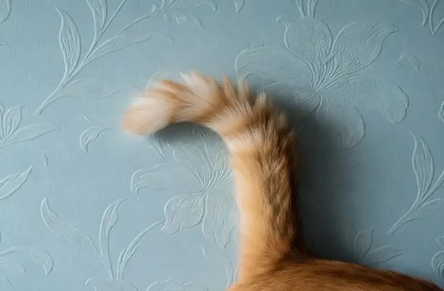 Ginger cat tail curved on a blue textured wall showing cat tail talk and feline body language