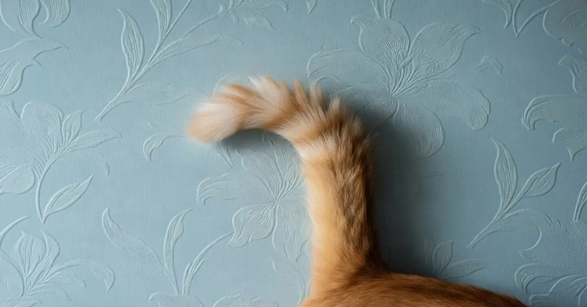 Ginger cat tail curved on a blue textured wall showing cat tail talk and feline body language
