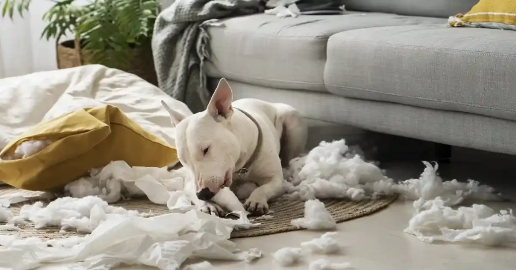 A white Bull Terrier sits on a rug amidst a mess of white stuffing after a new dog destroys house furniture and cushions.