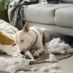 A white Bull Terrier sits on a rug amidst a mess of white stuffing after a new dog destroys house furniture and cushions.