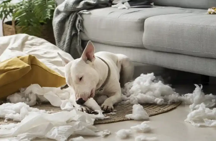 A white Bull Terrier sits on a rug amidst a mess of white stuffing after a new dog destroys house furniture and cushions.